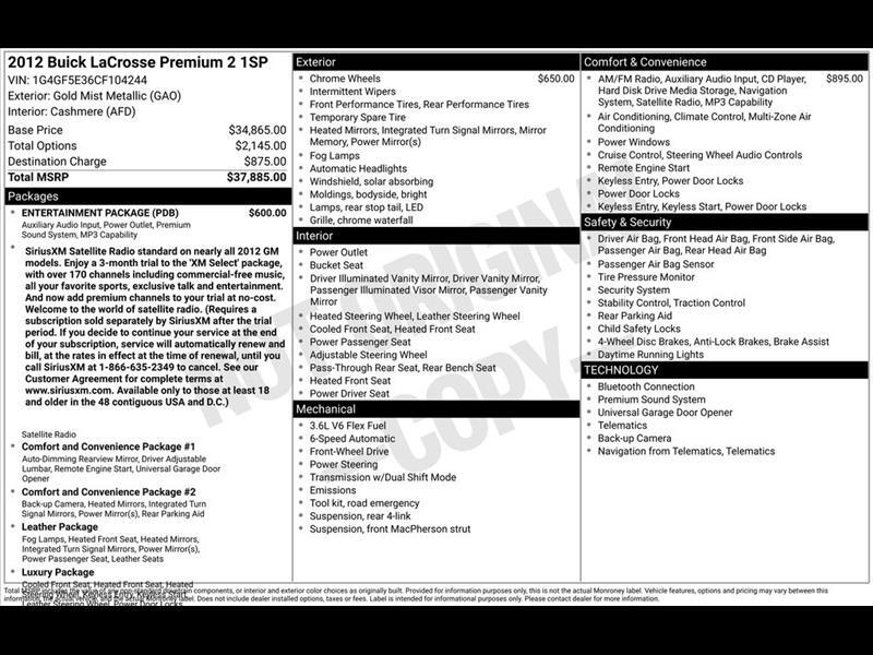 2012 Buick LaCrosse Premium Package 2, w/Leather