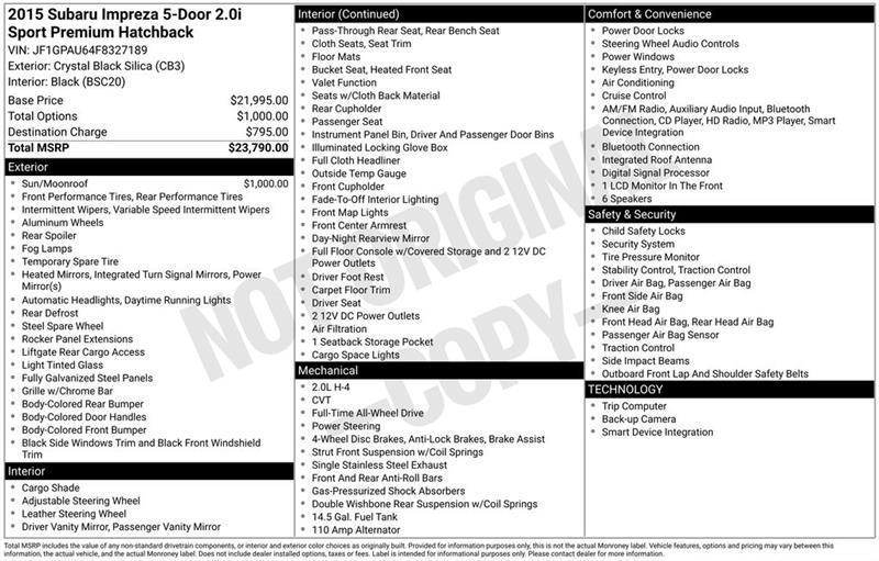 Subaru Impreza 2.0i Sport Premium PZEV CVT 5-Door 2015