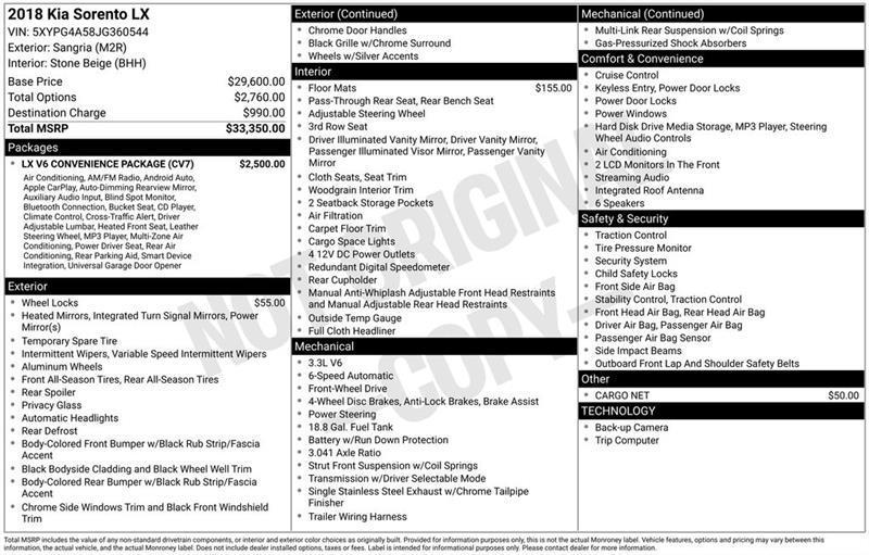 Kia Sorento LX V6 2WD 2018