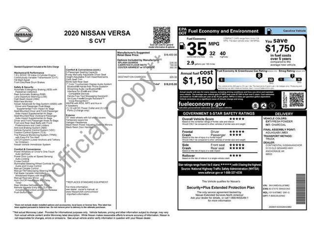 White 2020 Nissan Versa Sedan Front-Wheel Drive Automatic