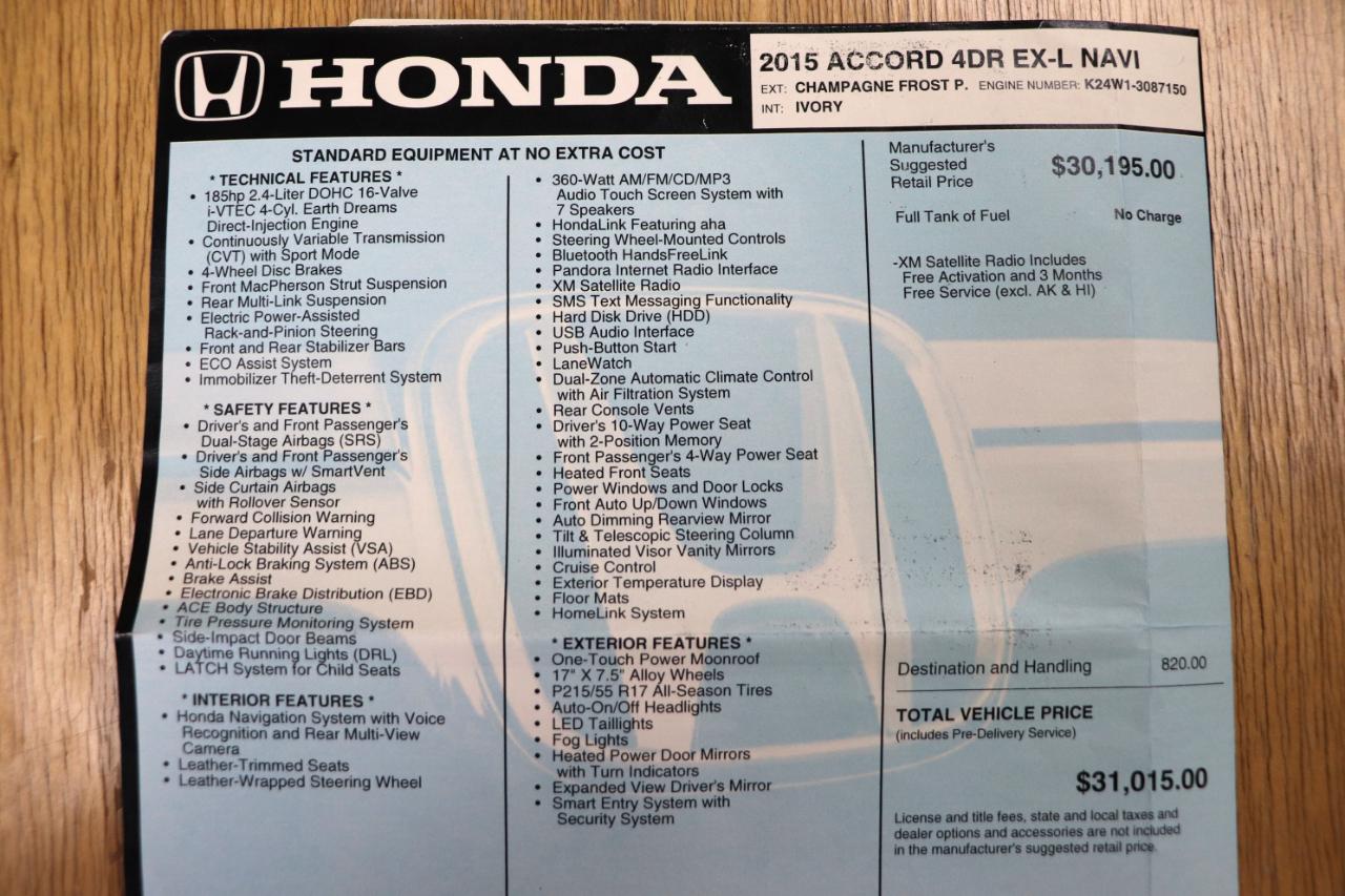 Honda Accord Sedan 4dr I4 CVT EX-L 2015