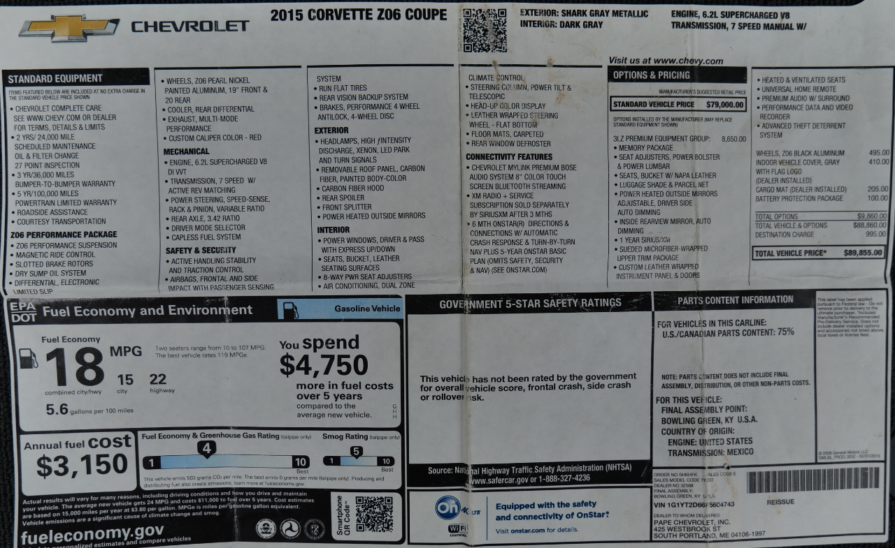 Chevrolet Corvette 2dr Z06 Cpe w/3LZ 2015 Chevrolet Corvette 2dr Z06 Cpe w/3LZ 2015