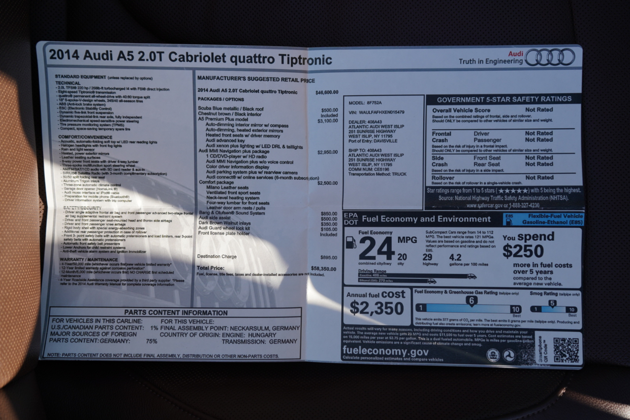 Audi A5 2dr Cabriolet Auto quattro 2.0T Premium Plus 2014