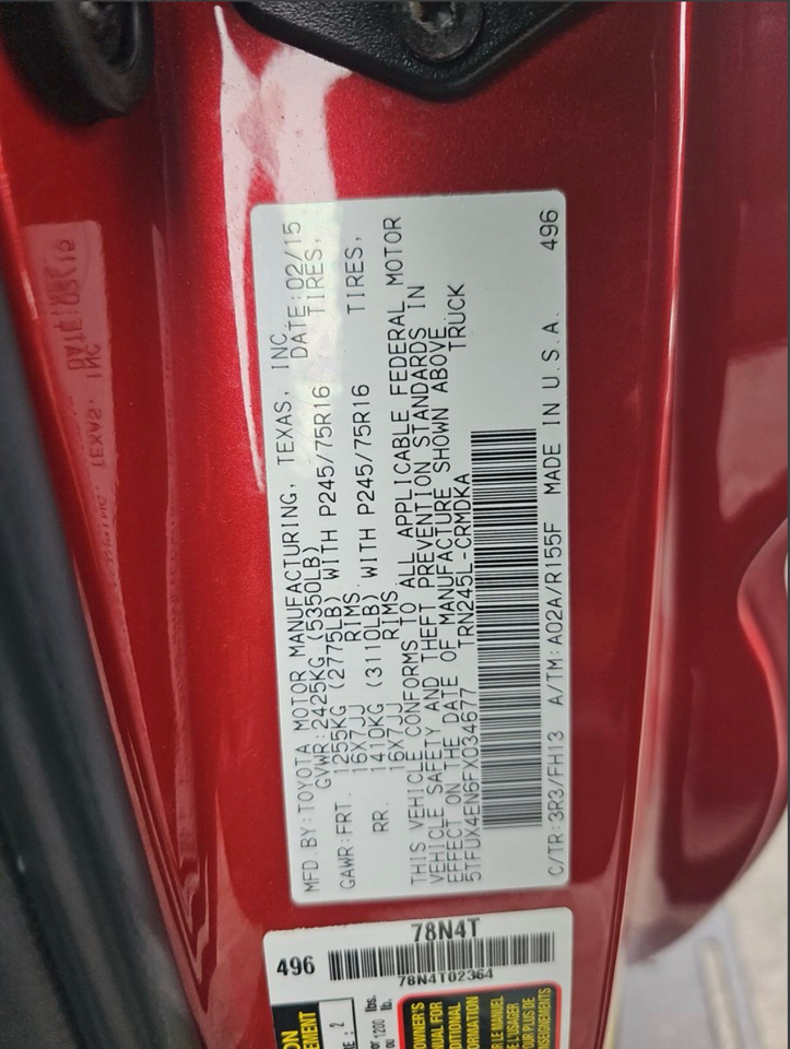 Toyota Tacoma 4WD Access Cab I4 AT (Natl) 2015