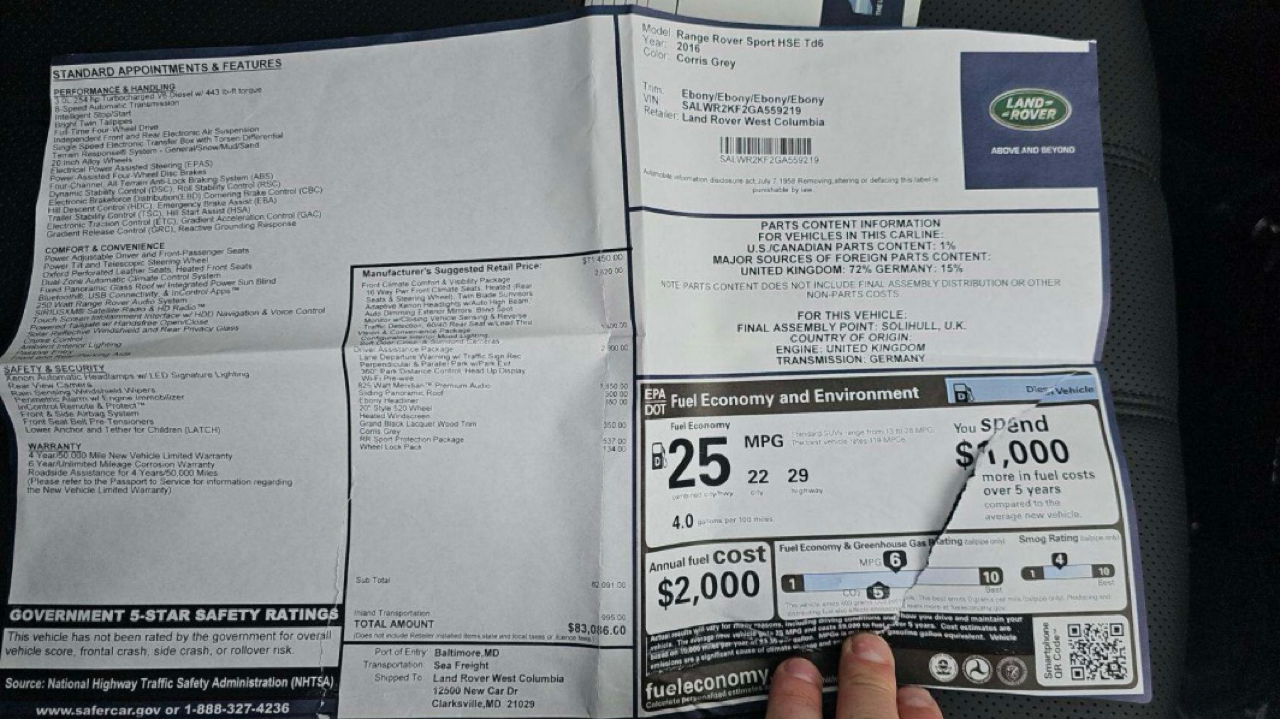 Land Rover Range Rover Sport 4WD 4dr V6 Diesel HSE 2016