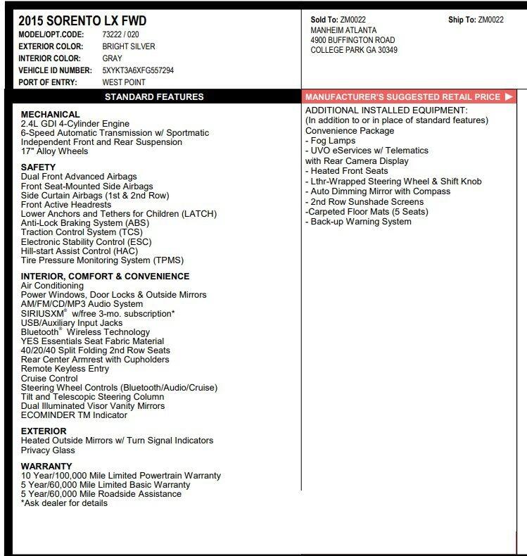 Kia Sorento LX 2WD 2015 Kia Sorento LX 2WD 2015