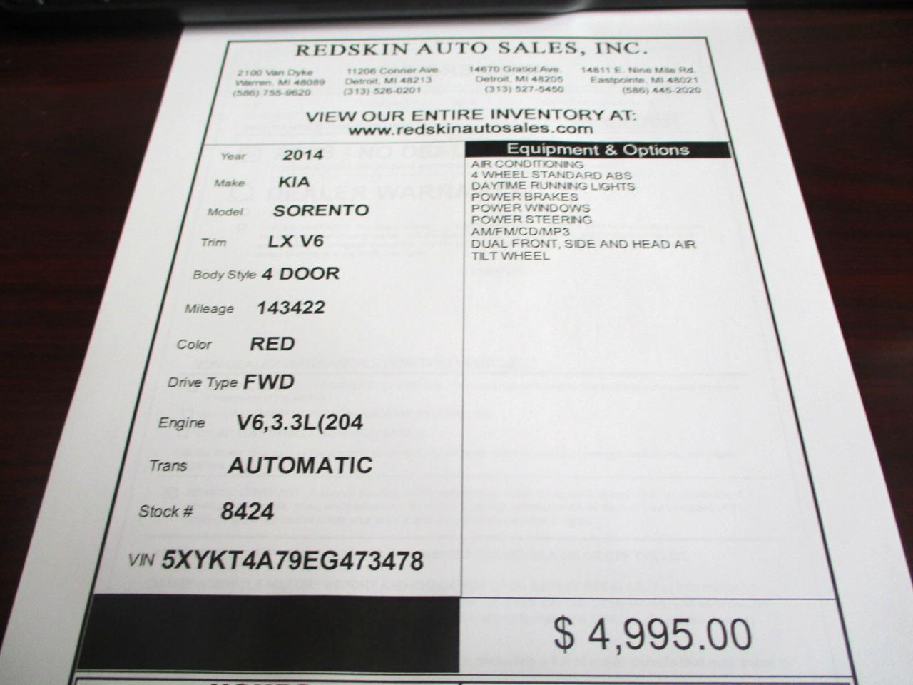 Kia Sorento LX V6 FWD 2014