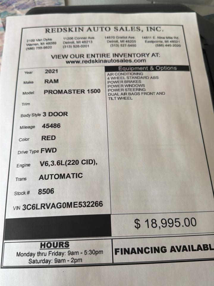 RAM ProMaster Cargo Van 1500 Low Roof 136" WB 2021