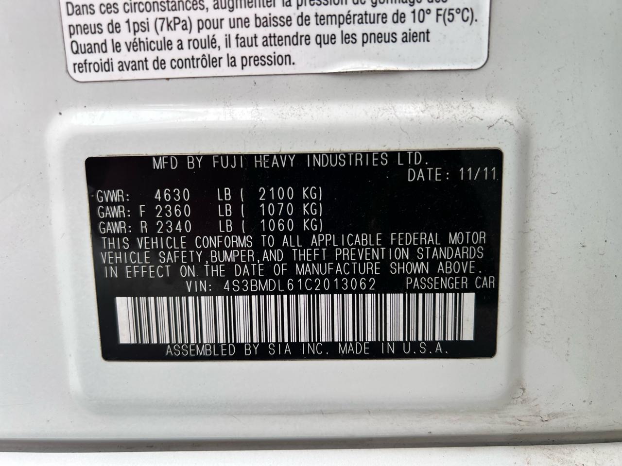 Subaru Legacy 4dr Sdn H6 Auto 3.6R Limited 2012