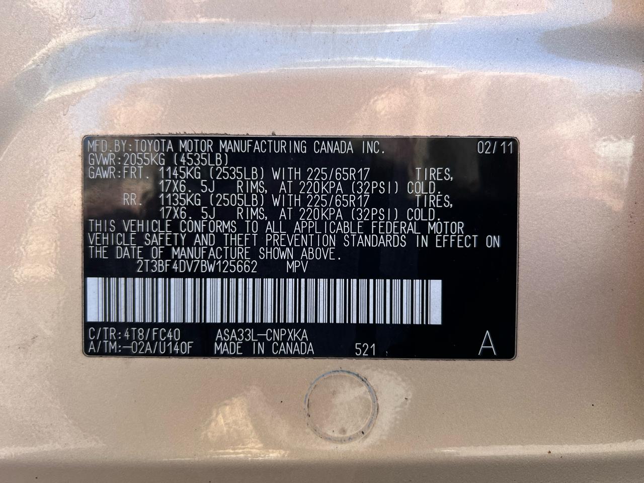 Toyota RAV4 4WD 4dr 4-cyl 4-Spd AT (Natl) 2011