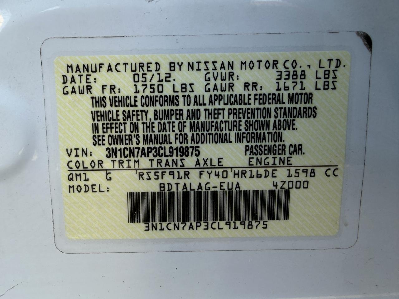 Nissan Versa 4dr Sdn Manual 1.6 S 2012