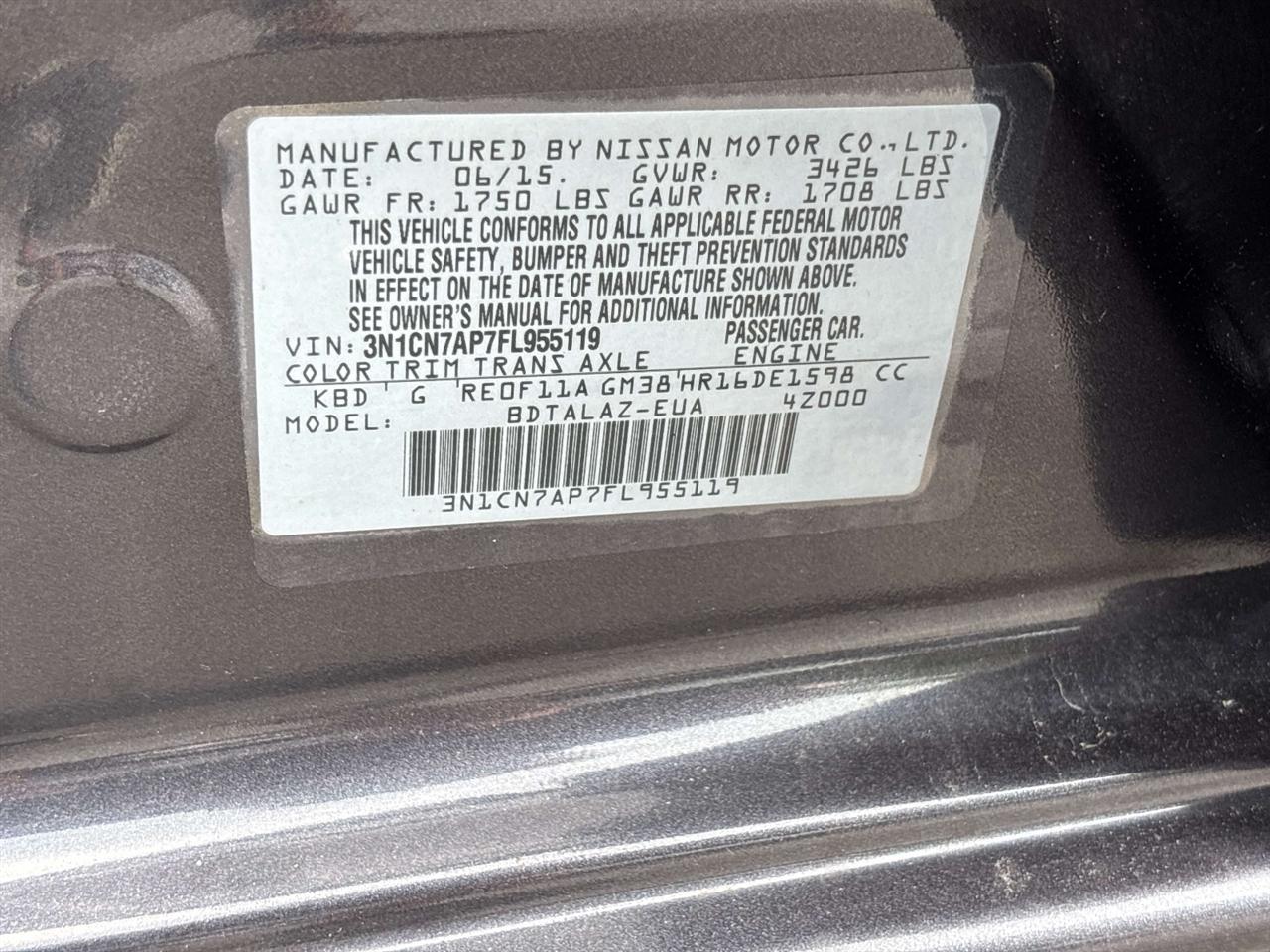 Nissan Versa 4dr Sdn CVT 1.6 S Plus 2015