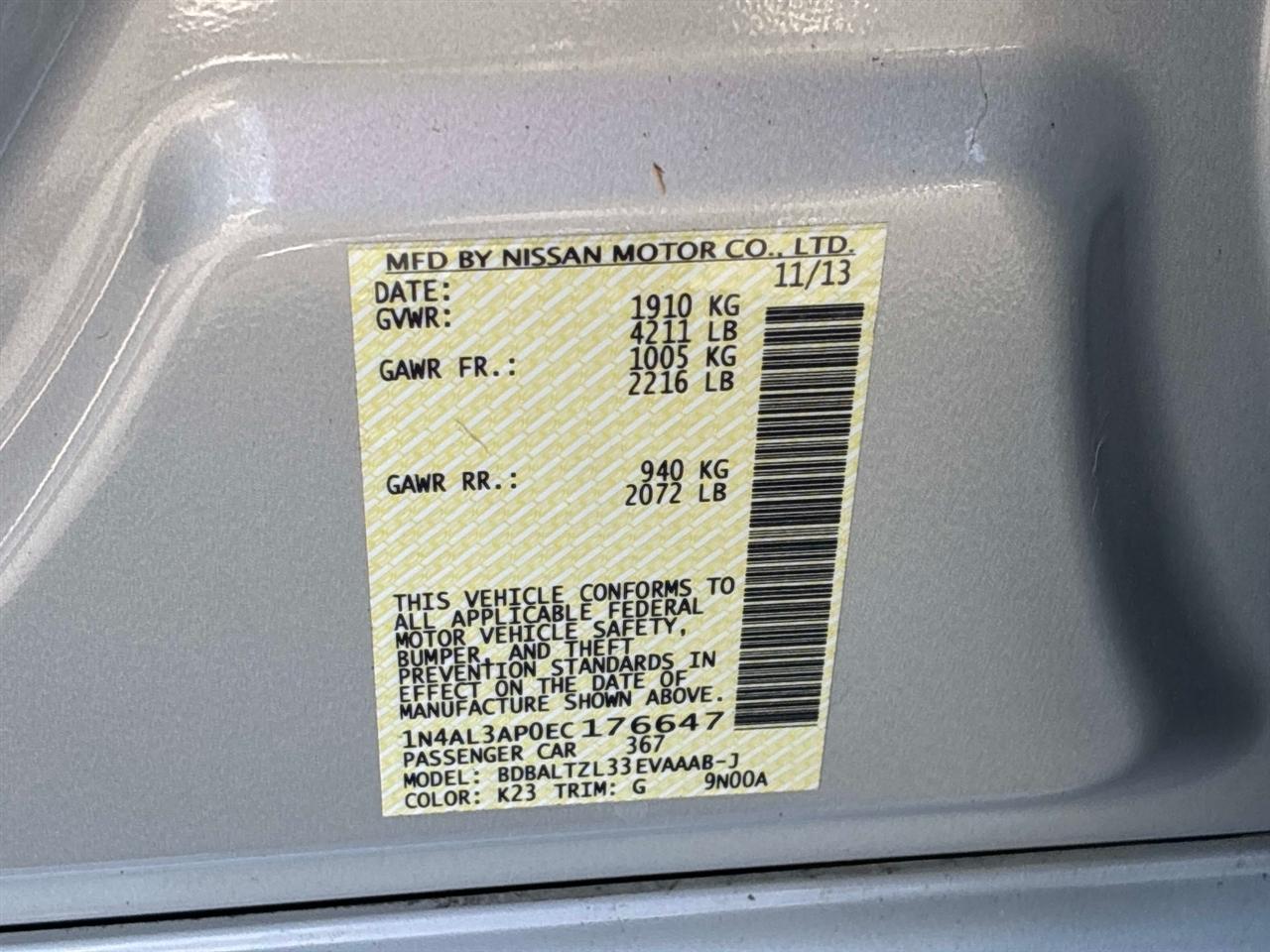 Nissan Altima 4dr Sdn I4 2.5 SV 2014