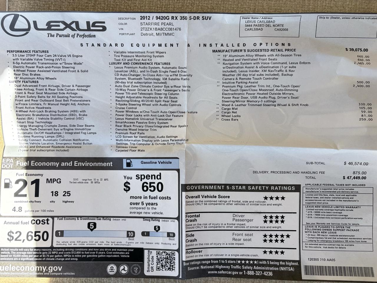 Lexus RX 350 FWD 4dr 2012