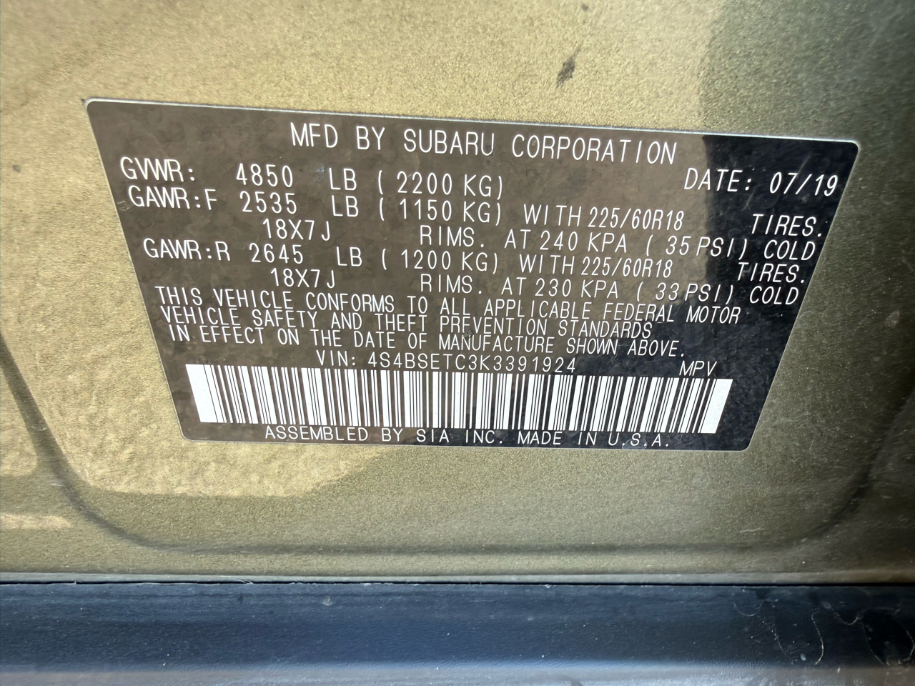 Subaru Outback 3.6R Touring 2019