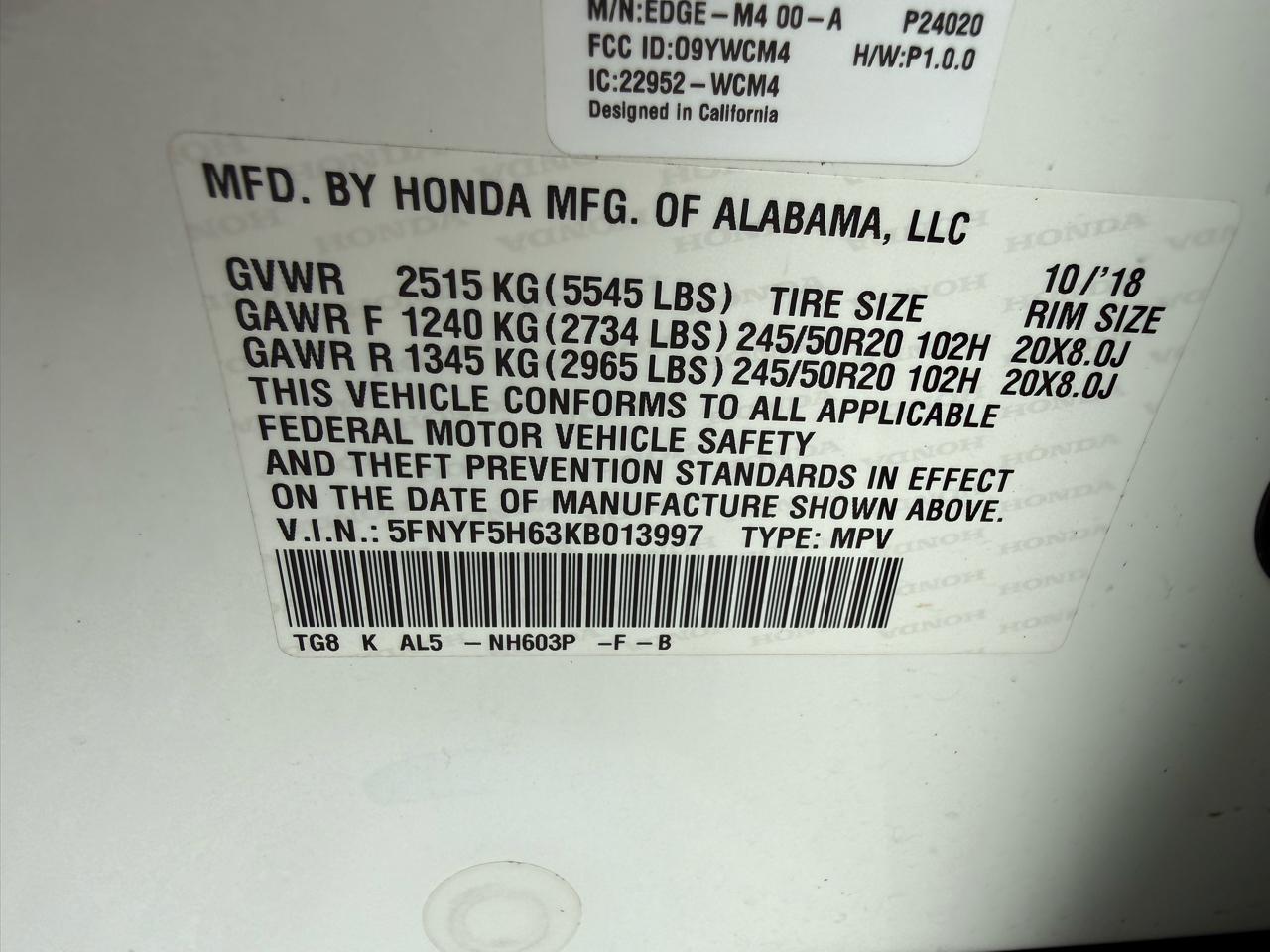 Honda Pilot Touring 2019