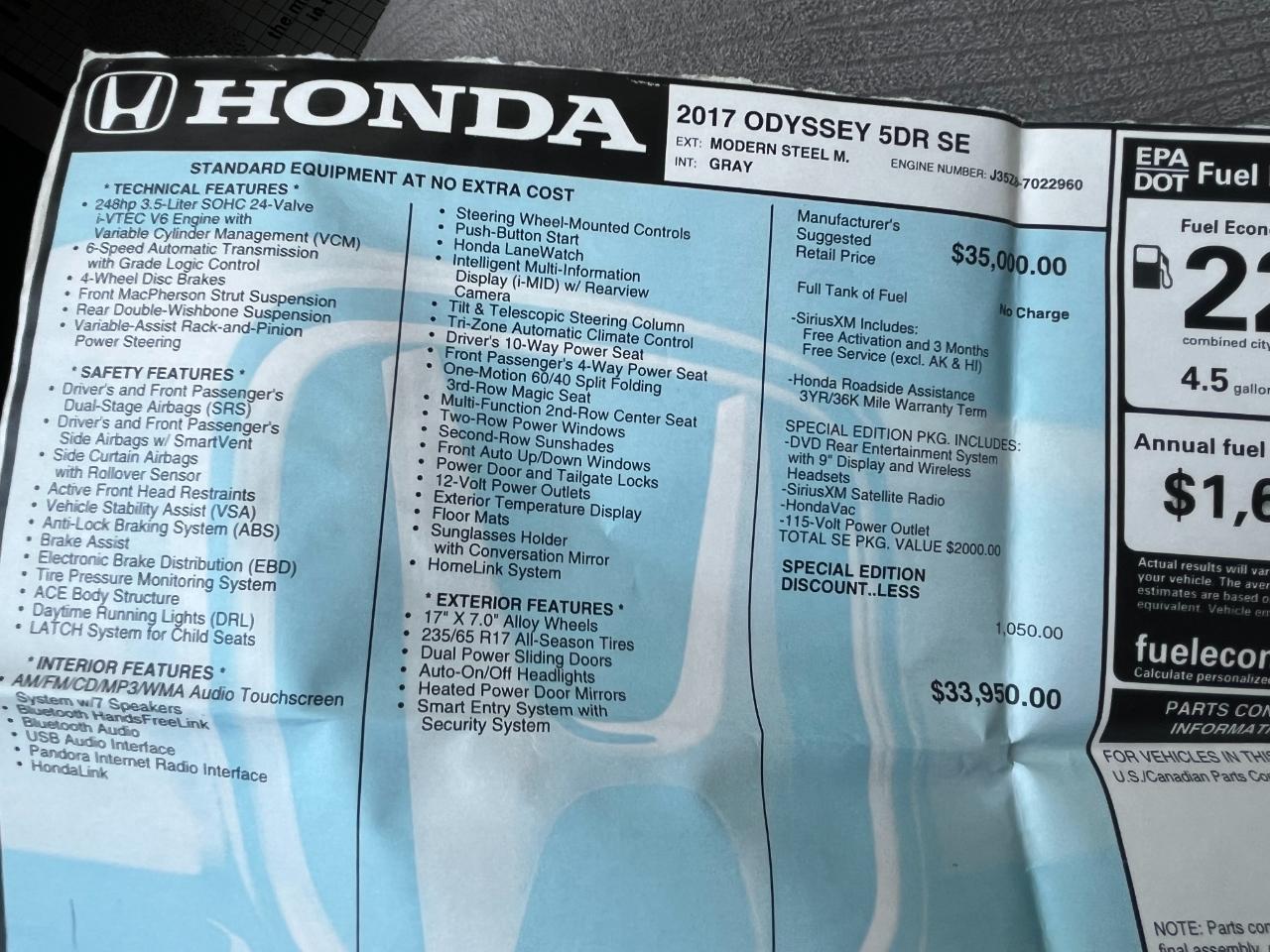 Honda Odyssey SE 2017
