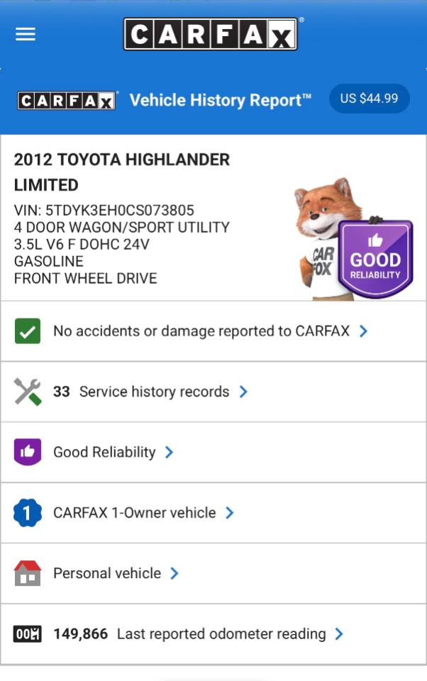 Toyota Highlander Limited 2WD 2012
