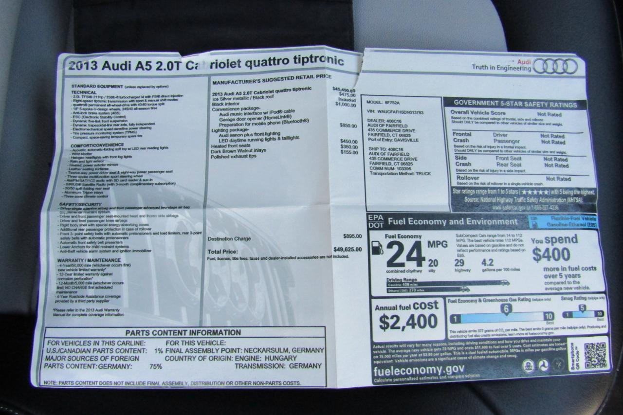 Audi A5 2dr Cabriolet Auto quattro 2.0T Premium 2013