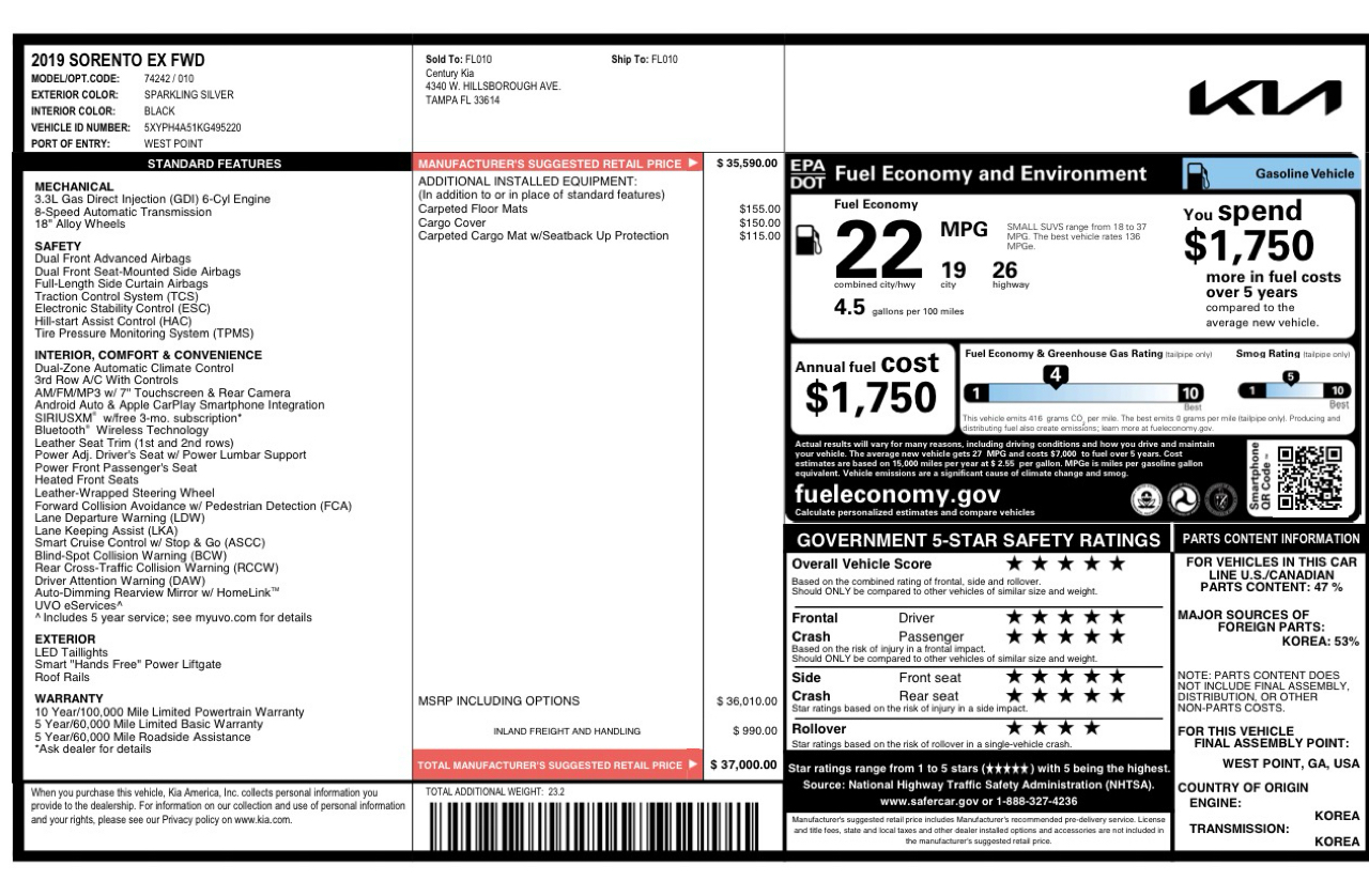 Kia Sorento EX V6 2WD 2019