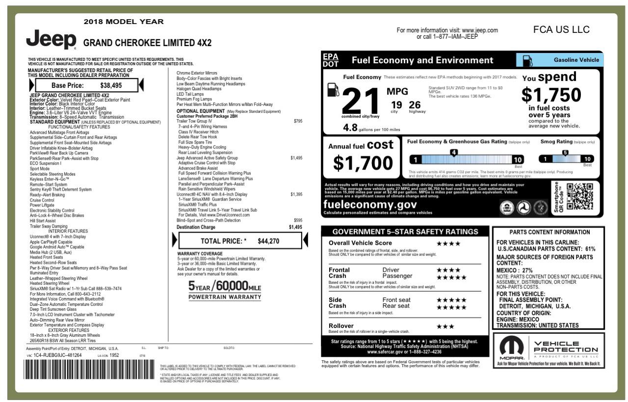 Jeep Grand Cherokee Limited 2WD 2018