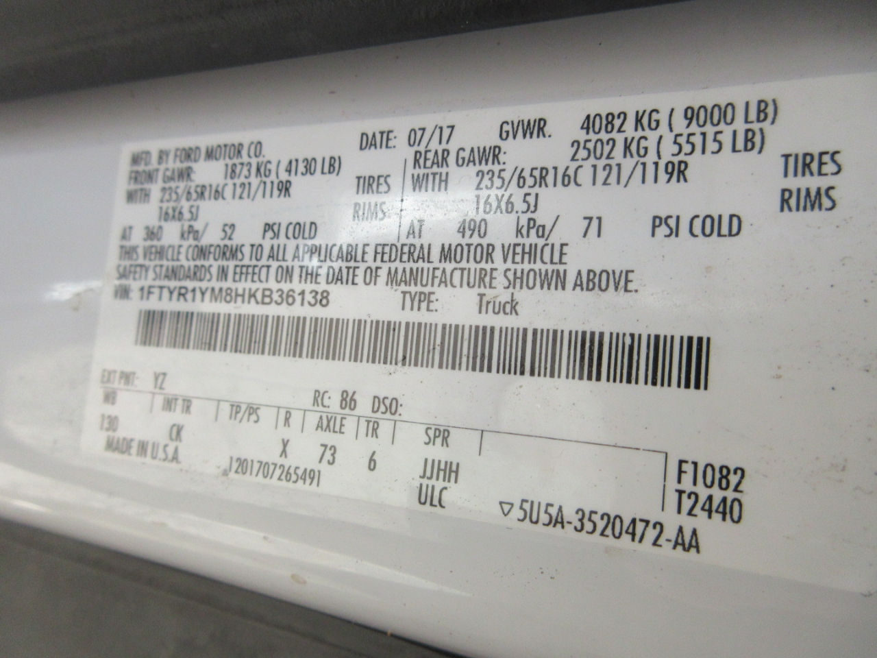 Ford Transit 250 Van Low Roof w/Sliding Pass. 130-in. WB 2017