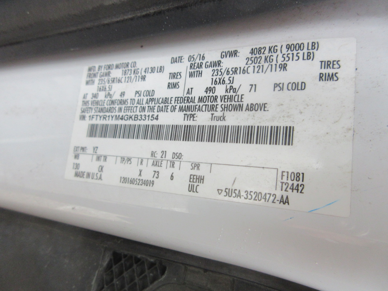 Ford Transit 250 Van Low Roof w/Sliding Pass. 130-in. WB 2016