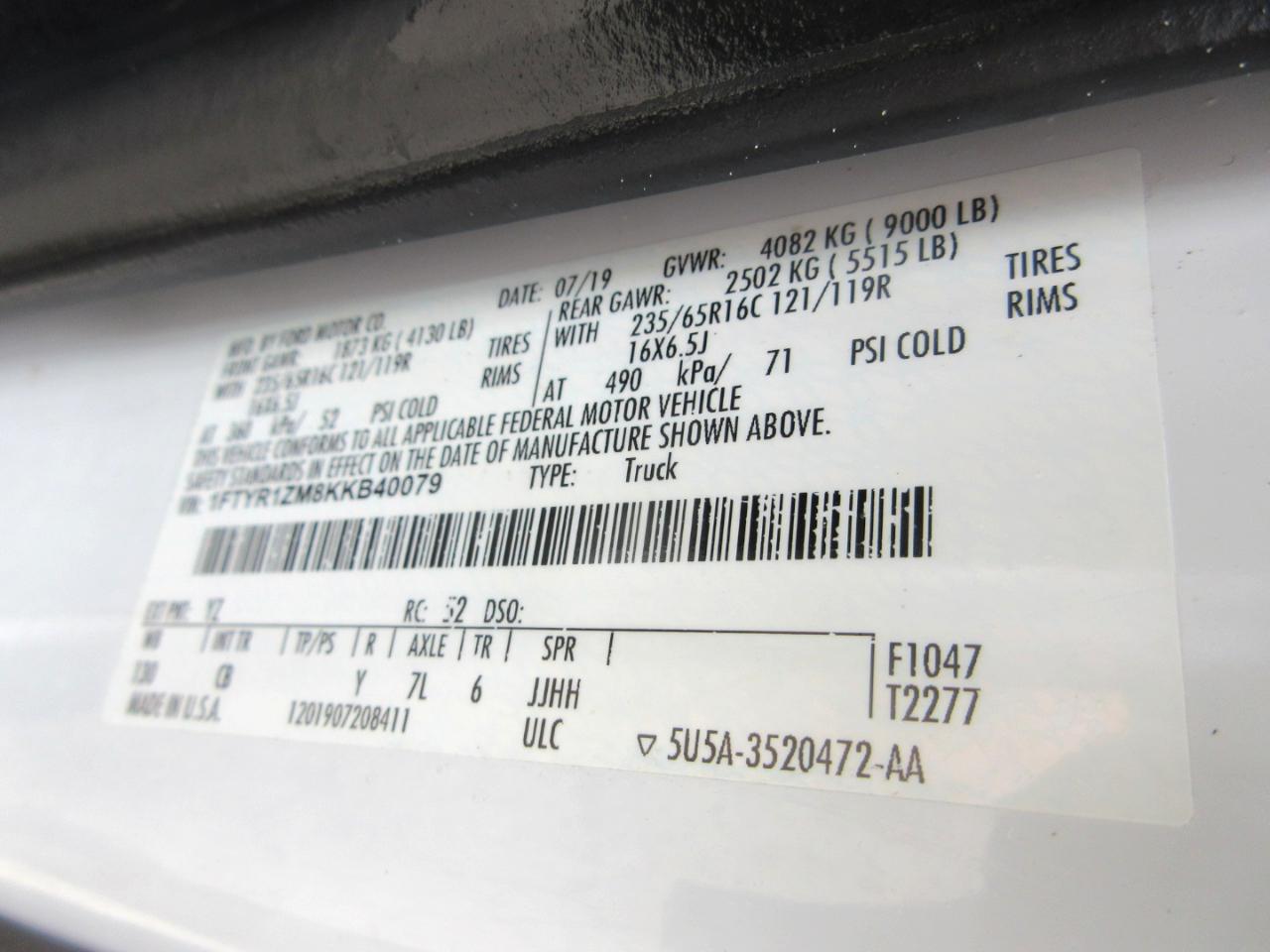 Ford Transit T-250 130" Low Rf 9000 GVWR Swing-Out RH Dr 2019