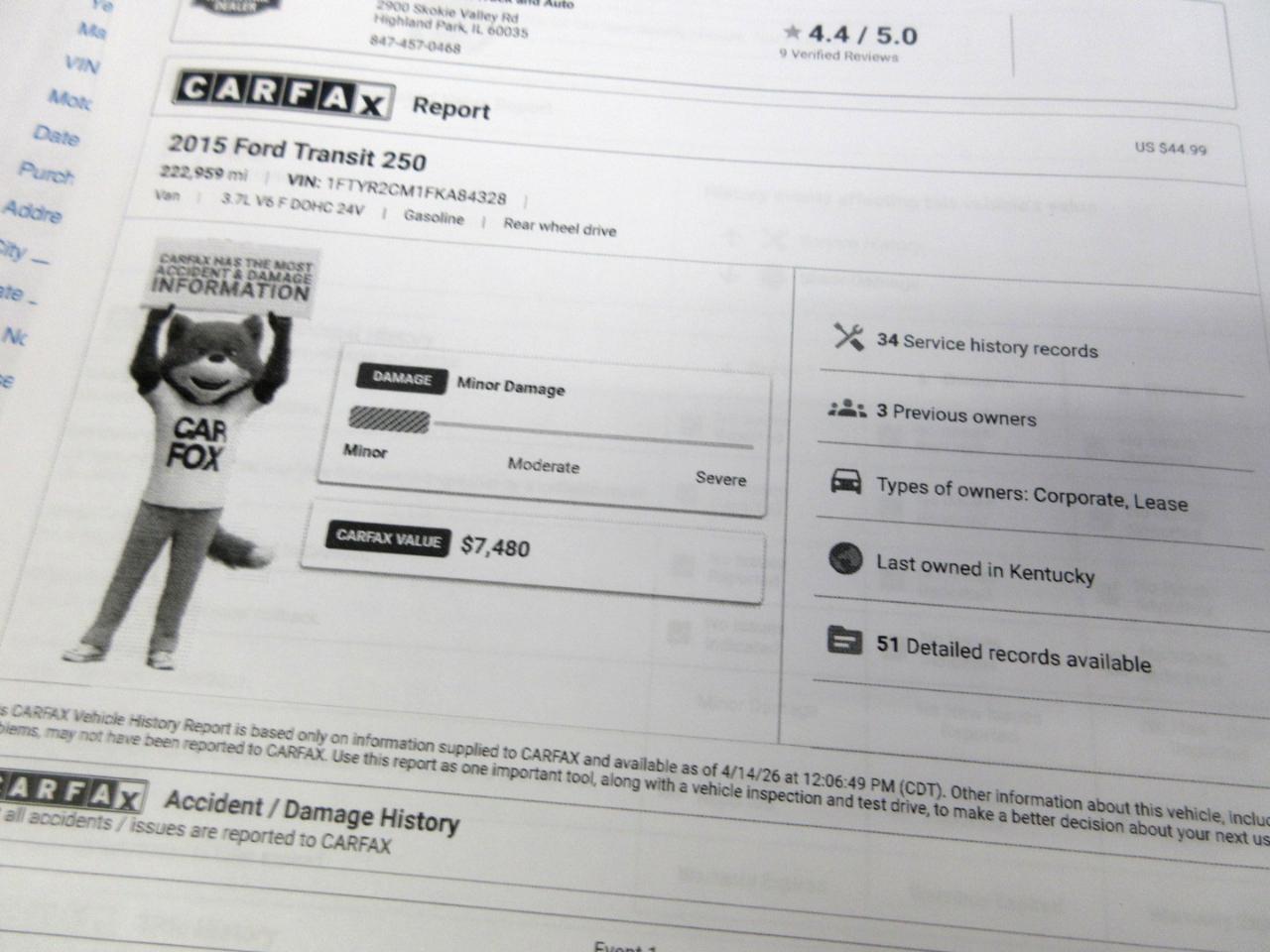 Ford Transit Cargo Van T-250 148" Med Rf 9000 GVWR Sliding RH Dr 2015