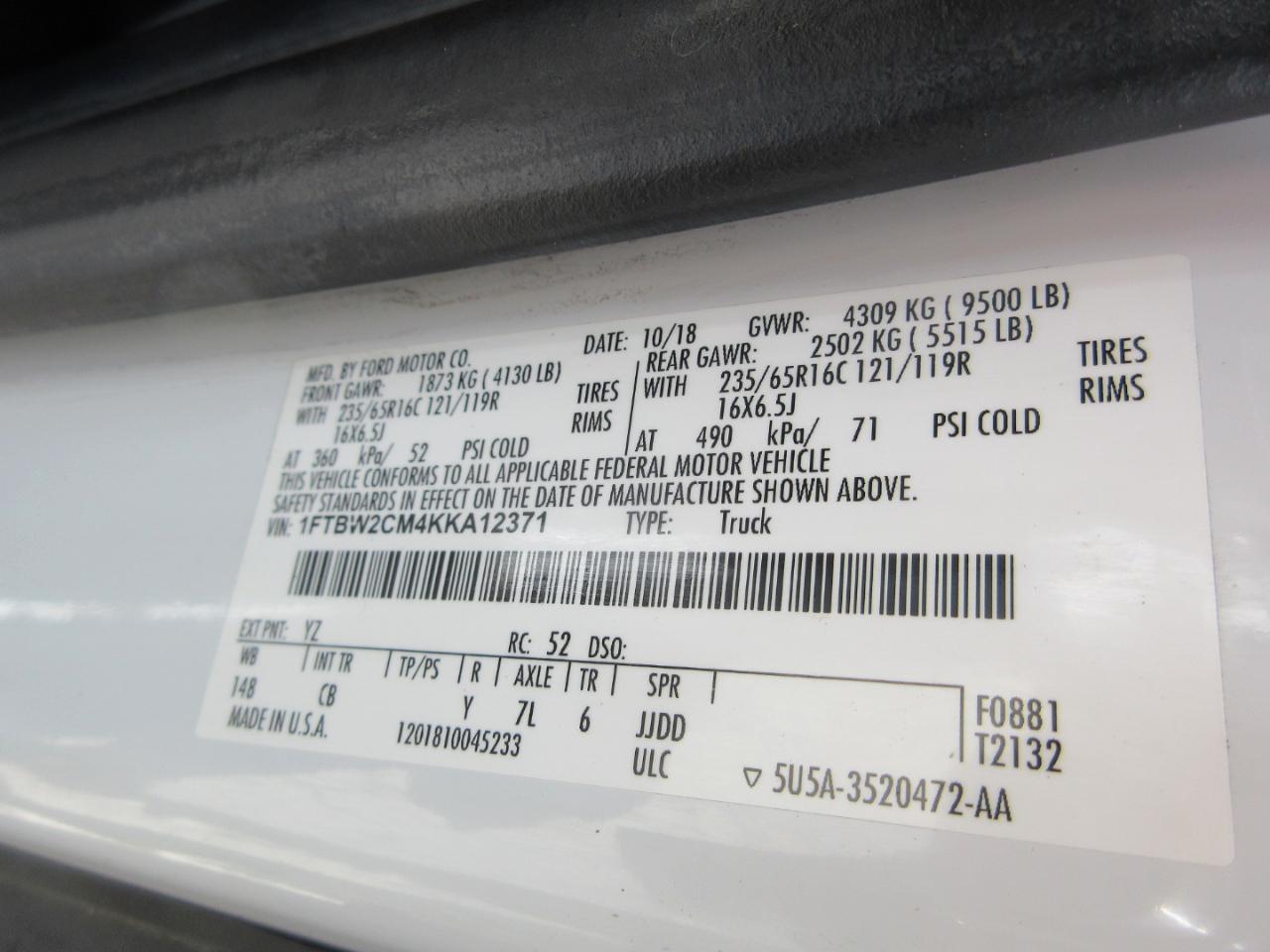 Ford Transit Van T-350 148" Med Rf 9500 GVWR Sliding RH Dr 2019