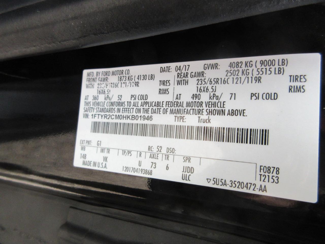 Ford Transit Van T-250 148" Med Rf 9000 GVWR Sliding RH Dr 2017