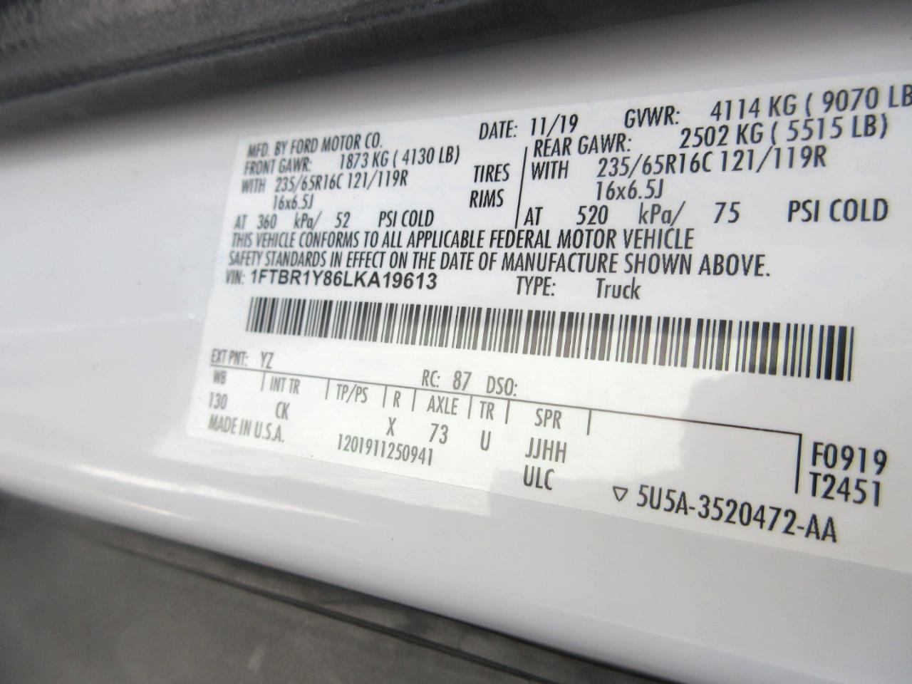 Ford Transit Cargo Van T-250 130" Low Rf 9070 GVWR RWD 2020