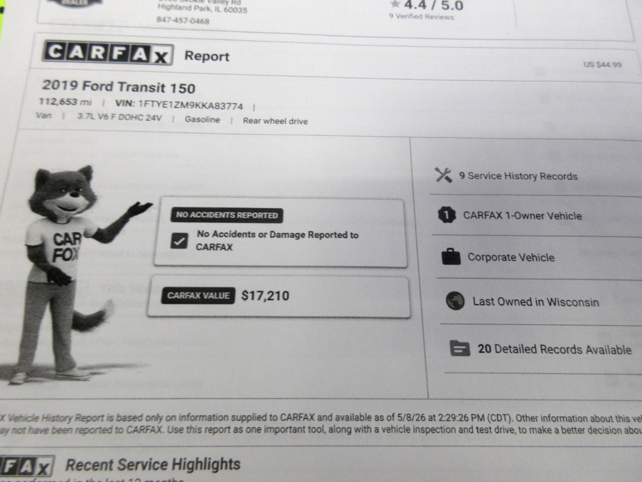 Ford Transit Van T-150 130" Low Rf 8600 GVWR Swing-Out RH Dr 2019