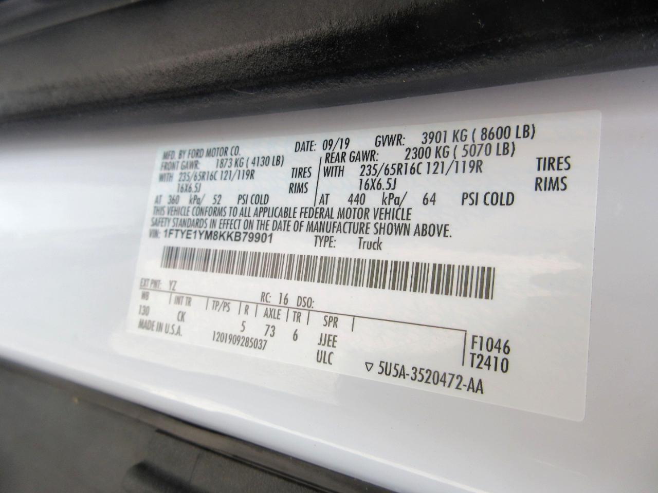Ford Transit Van T-150 130" Low Rf 8600 GVWR Sliding RH Dr 2019