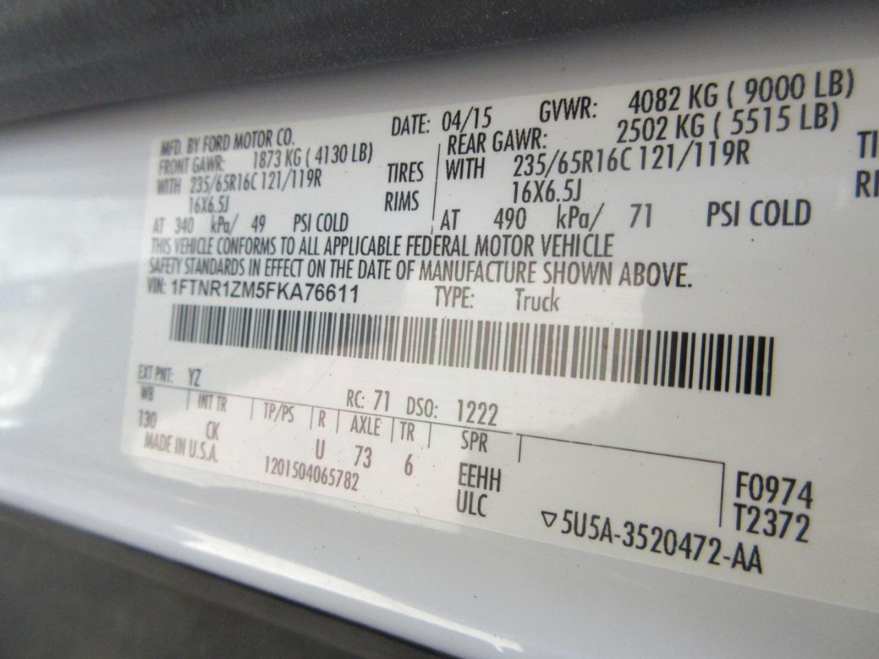 Ford Transit Cargo Van T-250 130" Low Rf 9000 GVWR Swing-Out RH Dr 2015
