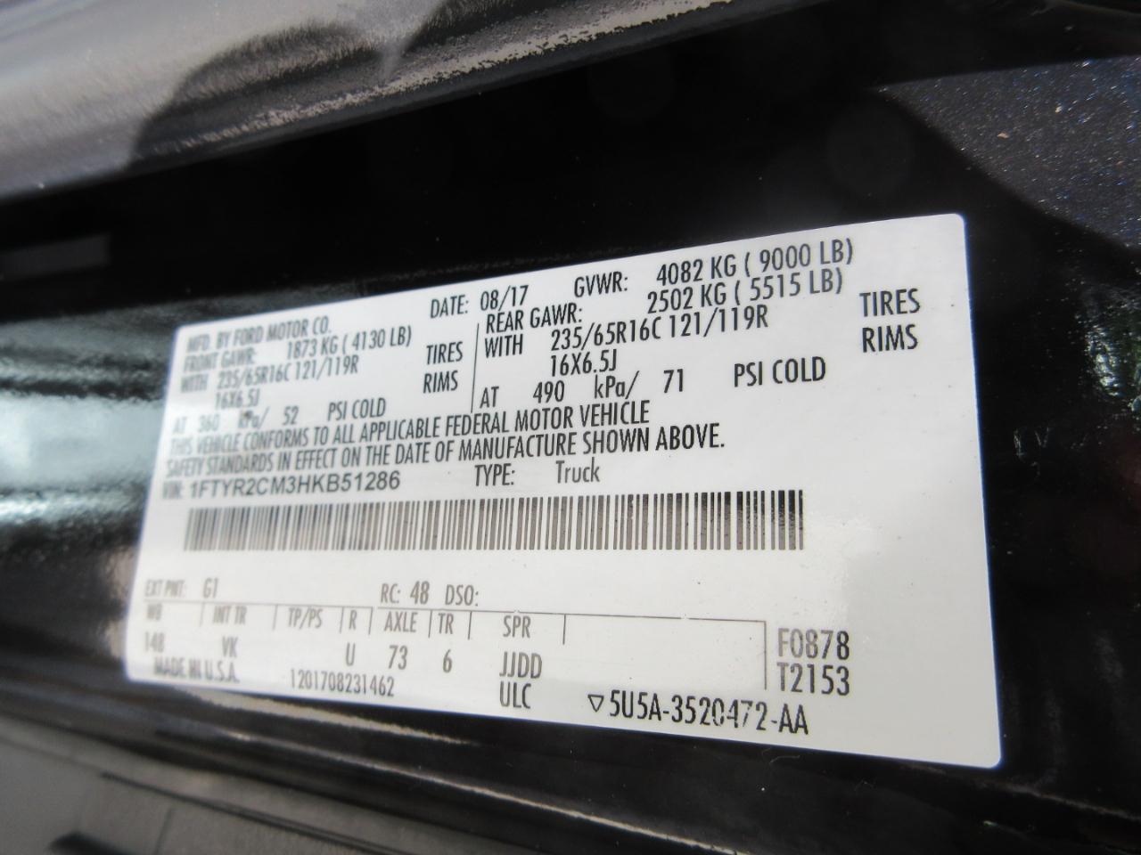 Ford Transit Van T-250 148" Med Rf 9000 GVWR Sliding RH Dr 2017