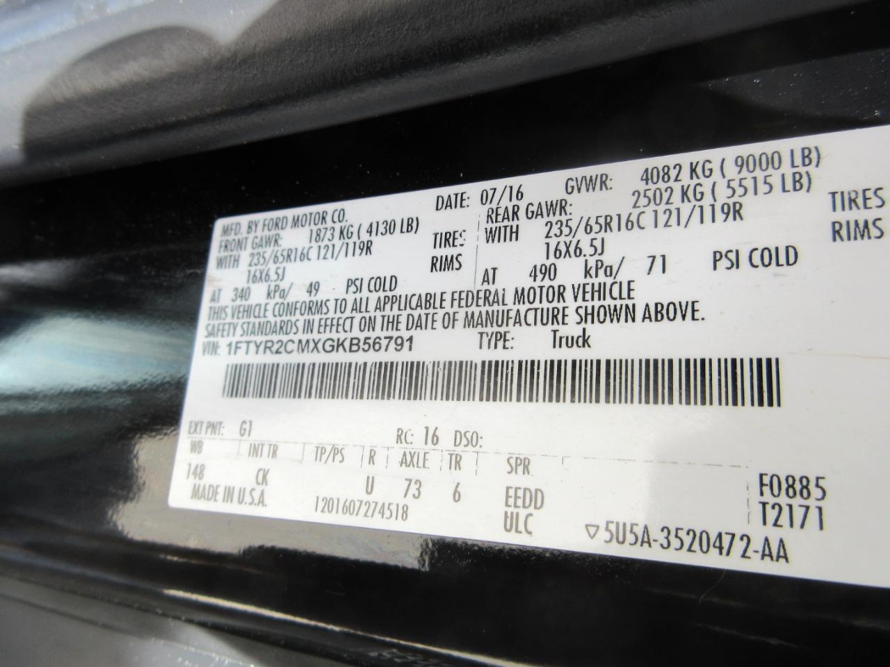 Ford Transit Cargo Van T-250 148" Med Rf 9000 GVWR Sliding RH Dr 2016