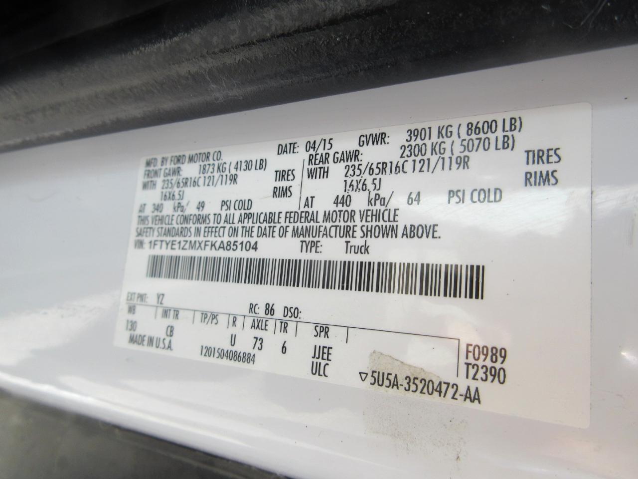 Ford Transit Cargo Van T-150 130" Low Rf 8600 GVWR Swing-Out RH Dr 2015