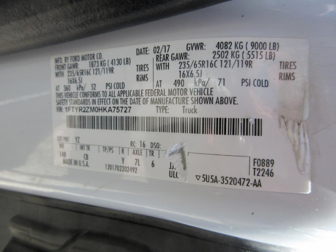 Ford Transit Van T-250 148" Low Rf 9000 GVWR Swing-Out RH Dr 2017