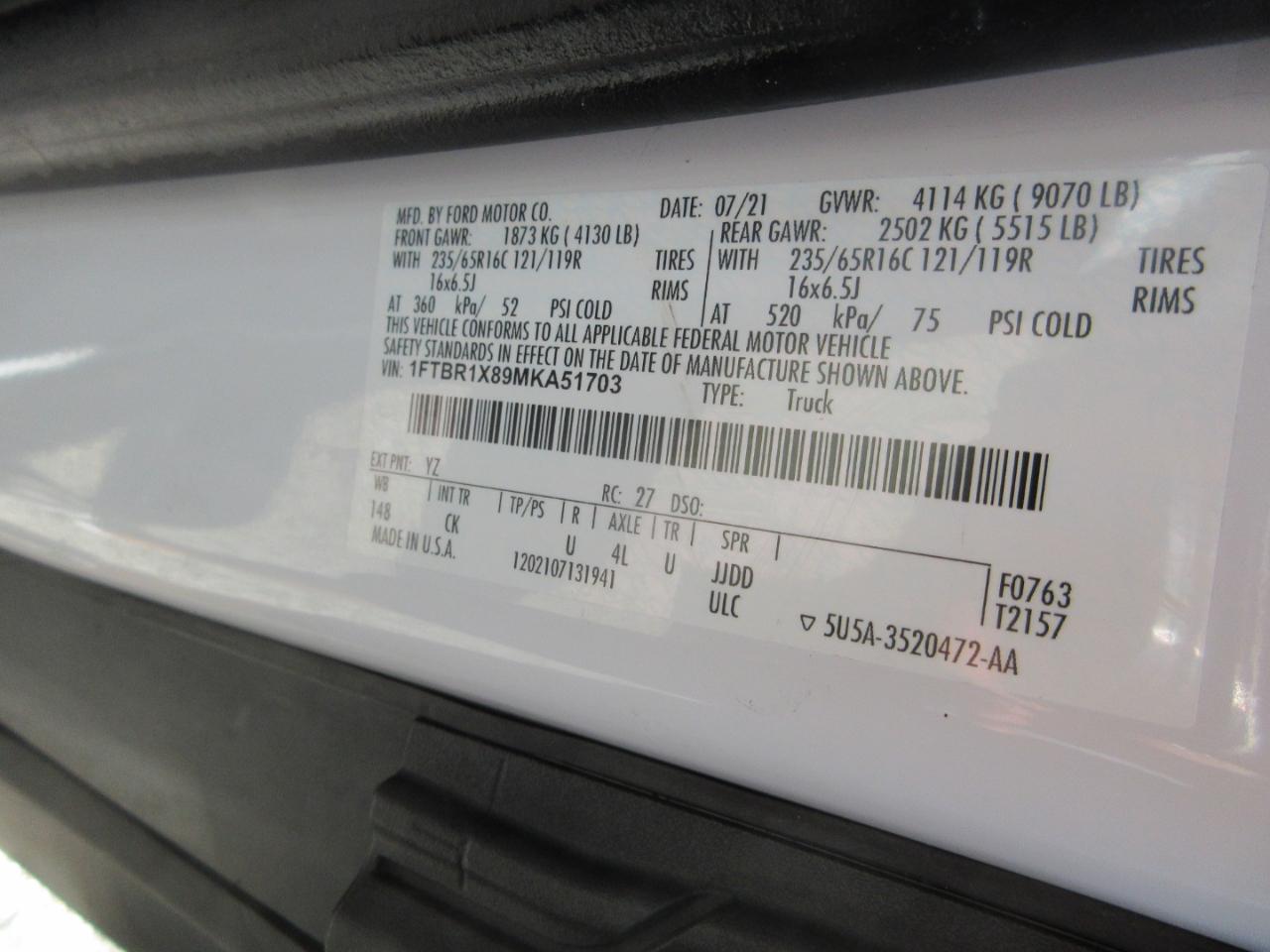 Ford Transit Cargo Van T-250 148" Hi Rf 9070 GVWR RWD 2021