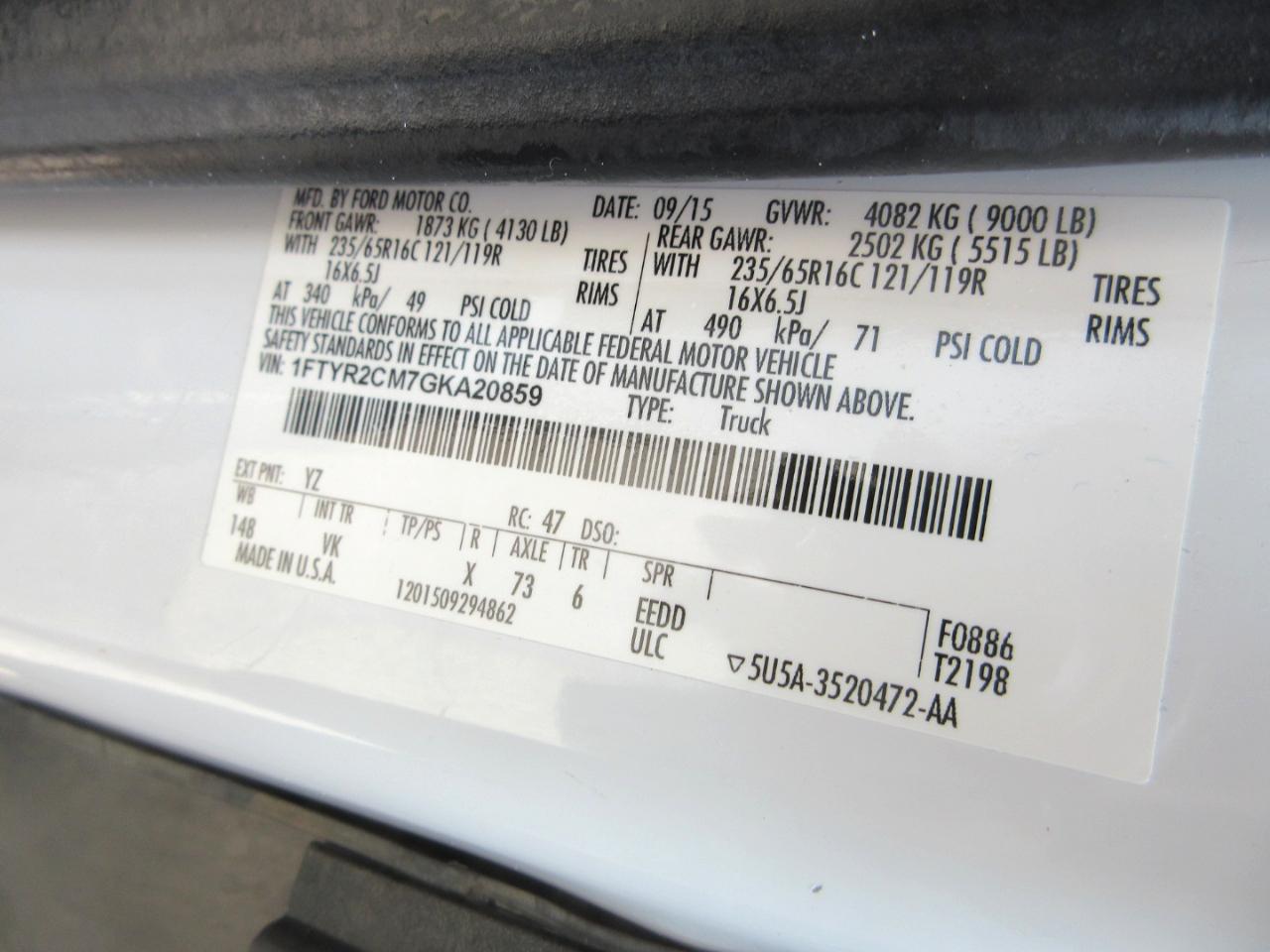 Ford Transit Cargo Van T-250 148" Med Rf 9000 GVWR Sliding RH Dr 2016