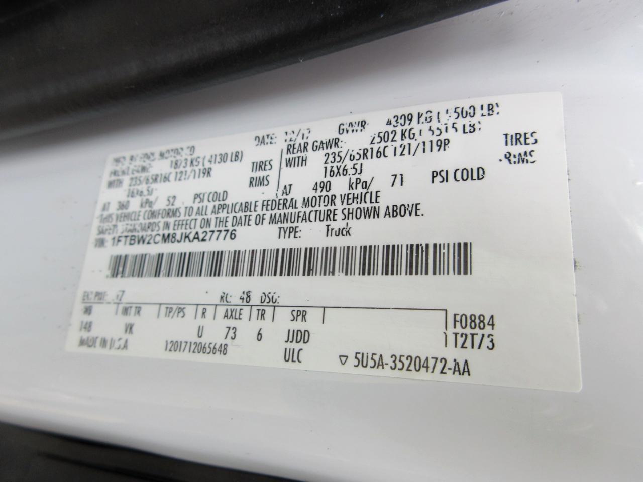 Ford Transit Van T-350 148" Med Rf 9500 GVWR Sliding RH Dr 2018