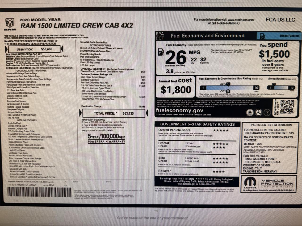 RAM 1500 Limited 4x2 Crew Cab 5'7" Box 2020