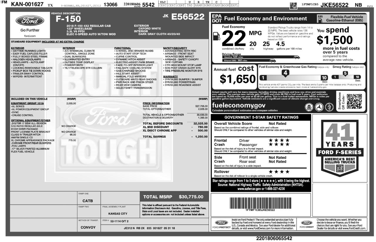 Ford F-150 2WD Reg Cab 126" XL 2018