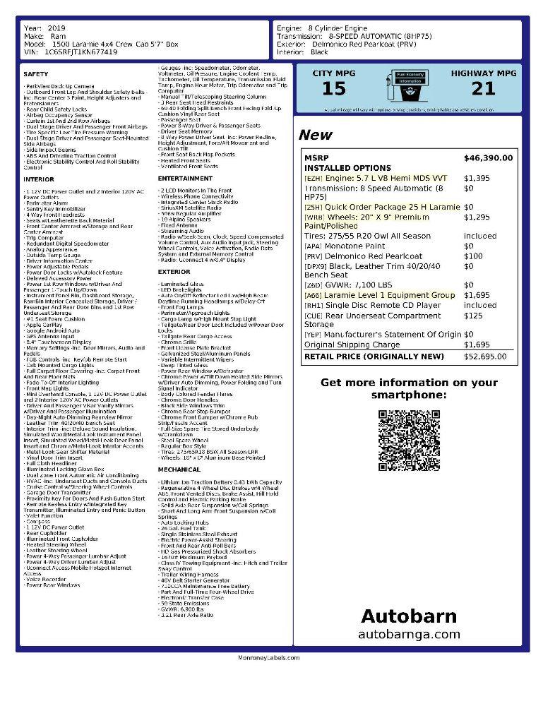 RAM 1500 Laramie Crew Cab SWB 4WD 2019