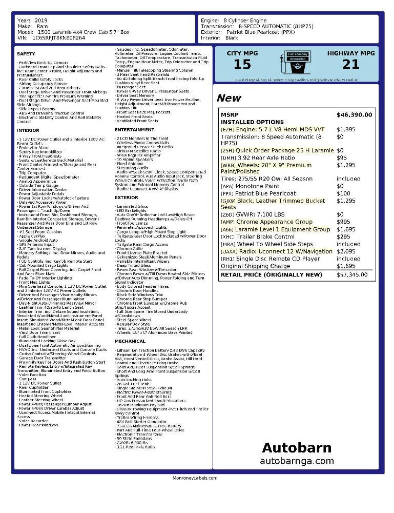 RAM 1500 Laramie Crew Cab SWB 4WD 2019