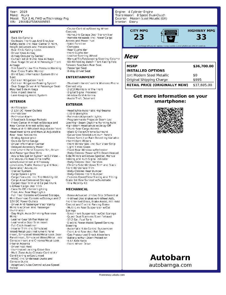 Acura TLX Technology Package 2.4L 2019