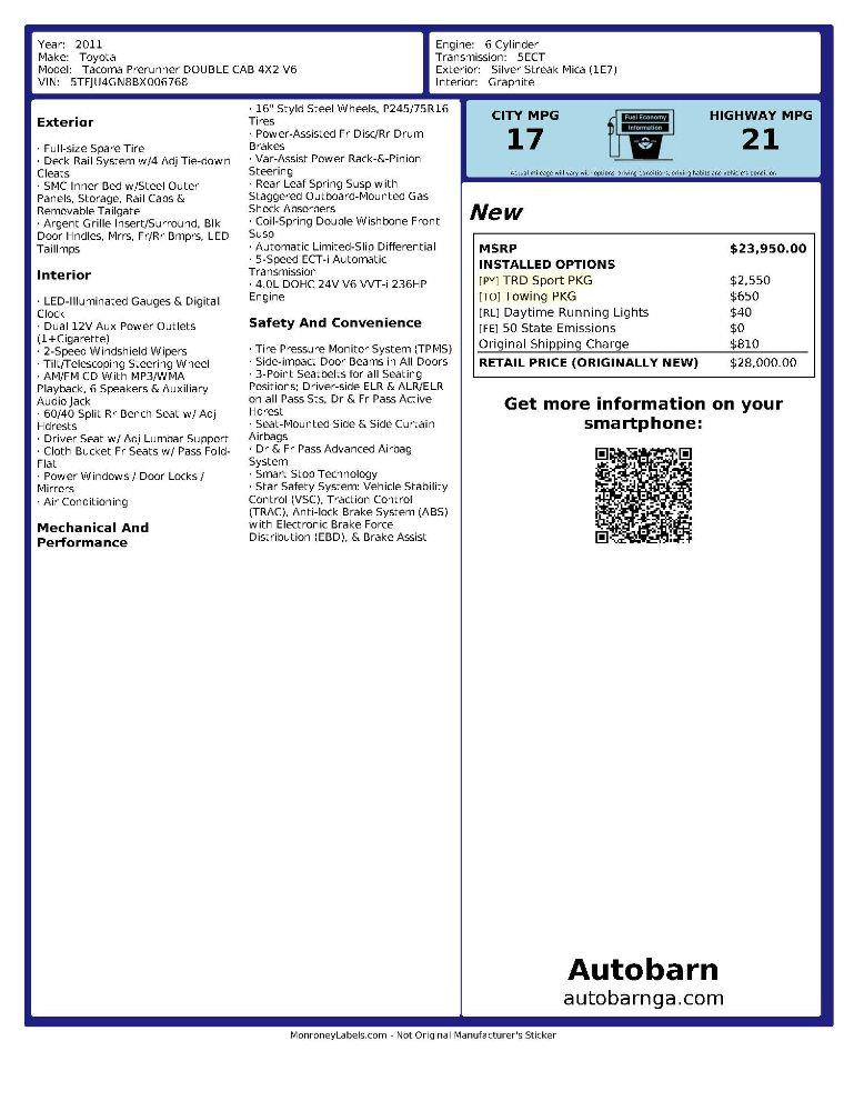 Toyota Tacoma PreRunner Double Cab V6 Auto 2WD 2011