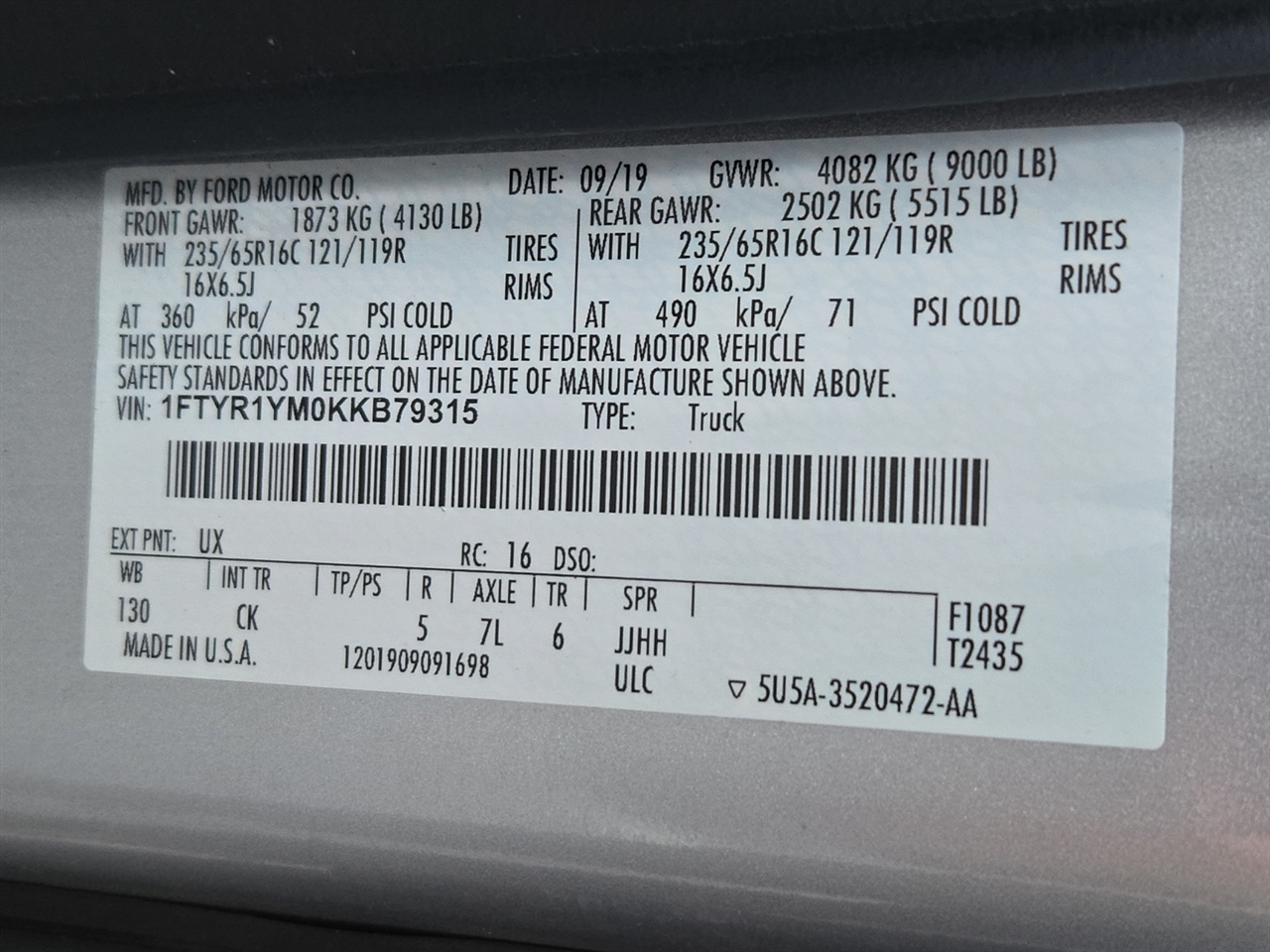 Ford Transit 250 Van Low Roof w/Sliding Pass. 130-in. WB 2019