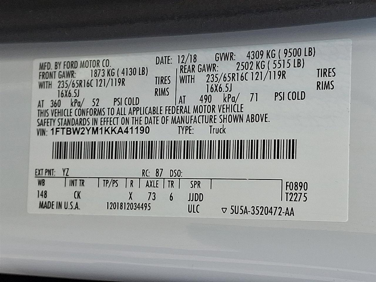 Ford Transit 350 Van Low Roof w/Sliding Pass. 148-in. WB 2019